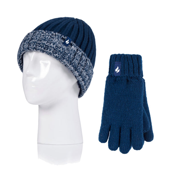 Kids Rib Turn Over Hat & Gloves - Navy