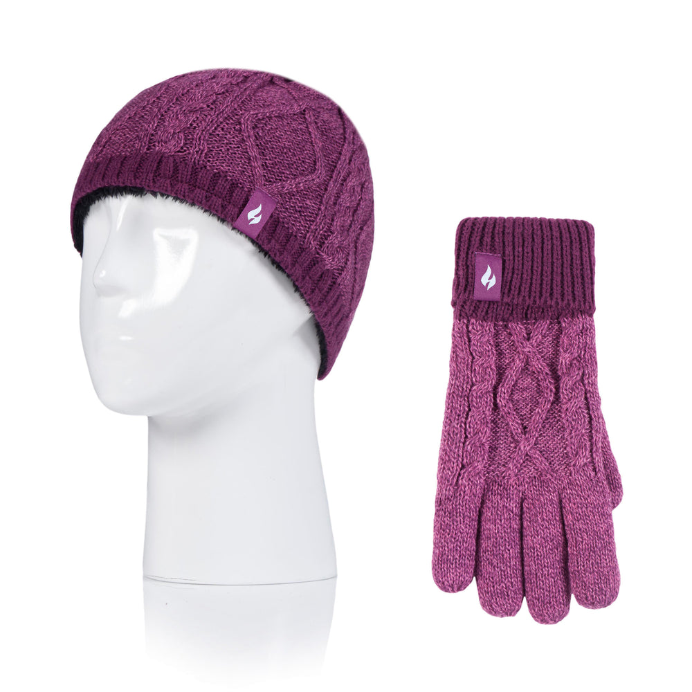 Kids Diamond Cable Hat & Gloves - Pink-Purple