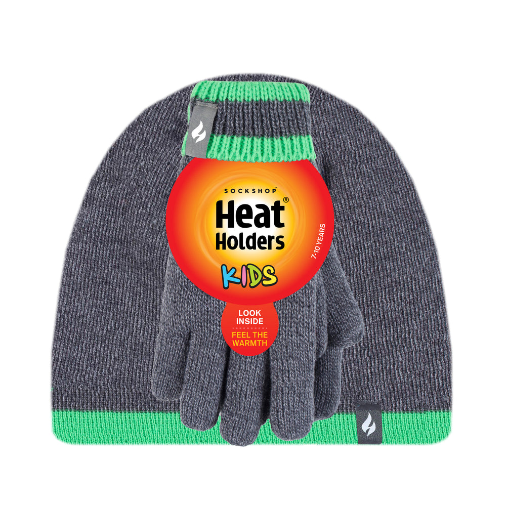 Kids Flat Knit Hat & Gloves - Grey & Green