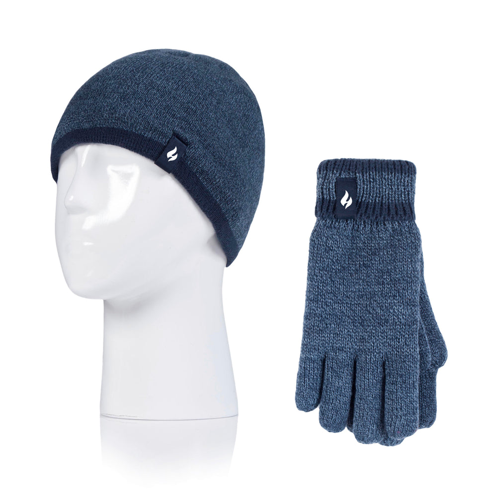 Kids Flat Knit Hat & Gloves - Denim & Navy