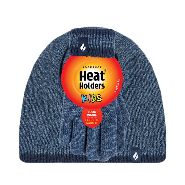 Kids Flat Knit Hat & Gloves - Denim & Navy