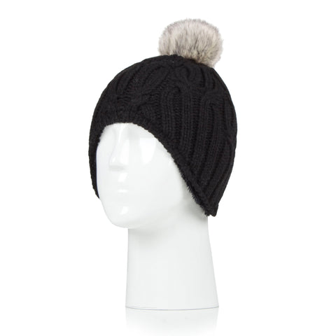 Kids Frosty Cosy Ears Cable Pom Pom Hat - Black