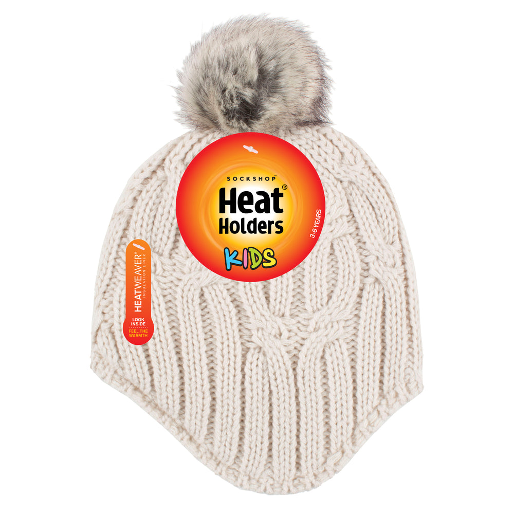 Kids Frosty Cosy Ears Cable Pom Pom Hat - Cream