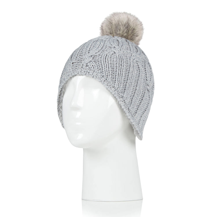 Kids Frosty Cosy Ears Cable Pom Pom Hat - Grey