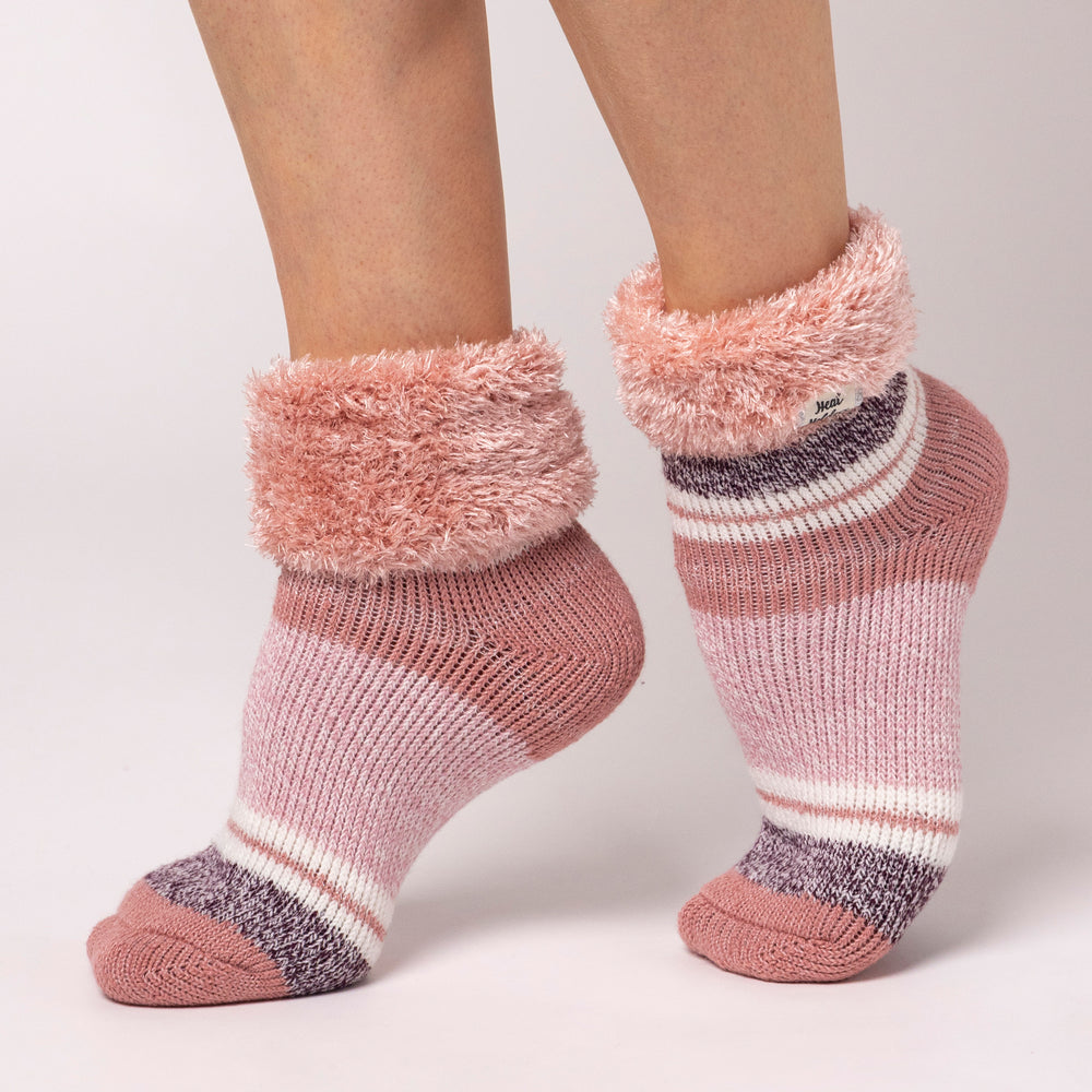 Ladies Original Halda Stripe Sleep Socks with Turnover Top - Muted Coral