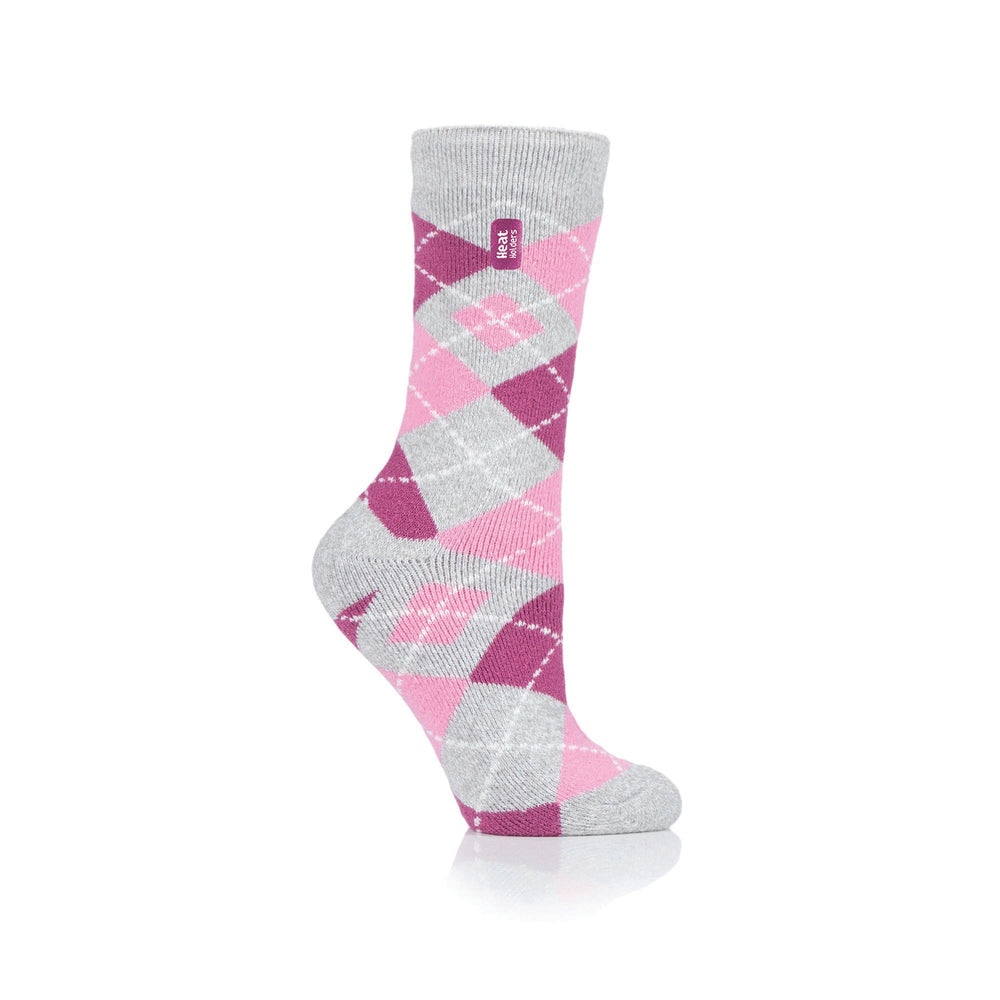 Ladies Lite Jasmine Socks - Pink & Grey Argyle