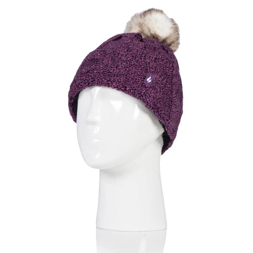 Special Offer Ladies Thermal Fingerless Gloves & Pom Pom Hat - Purple Twist