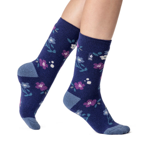 Ladies Lite Lanuza Floral Socks - Soft Navy