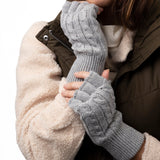 Ladies Cable Fingerless Gloves - Light Grey