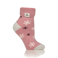 Ladies Lite Sleep Socks with Turnover Top - Snowflake Rose Blush