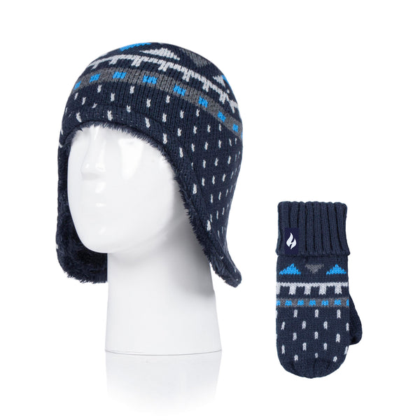 Kids Mountaineer Cosy Ears Hat & Mittens - Navy