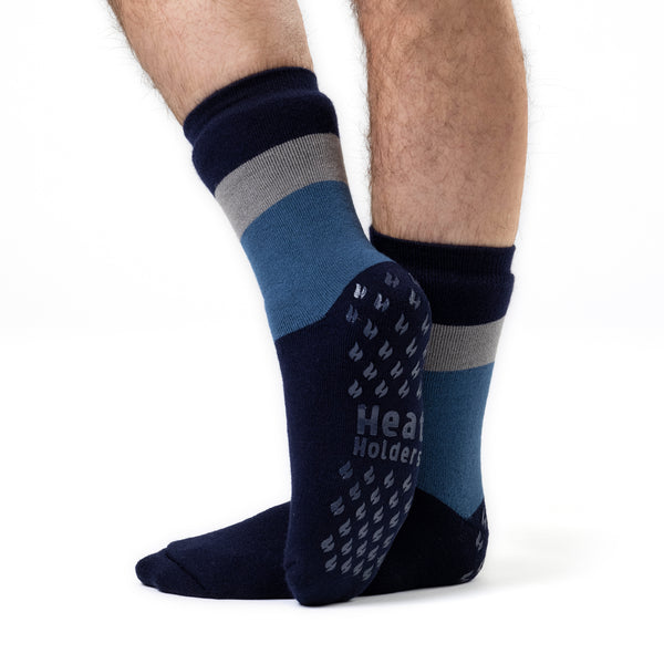 Mens IOMI Dual Layer Raynaud's Slipper Socks - Block Stripe Navy