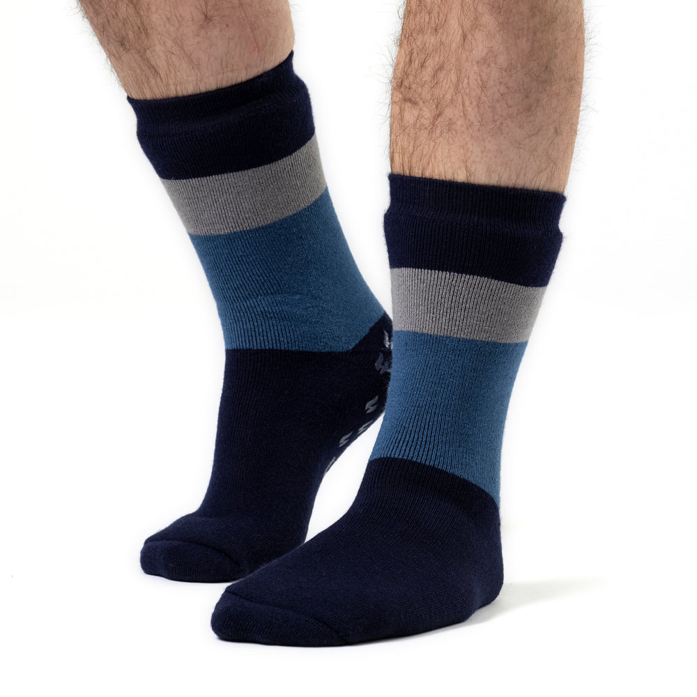 Mens IOMI Dual Layer Raynaud's Slipper Socks - Block Stripe Navy