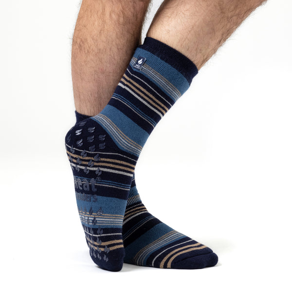 Mens IOMI Dual Layer Raynaud's Slipper Socks - Navy Stripe