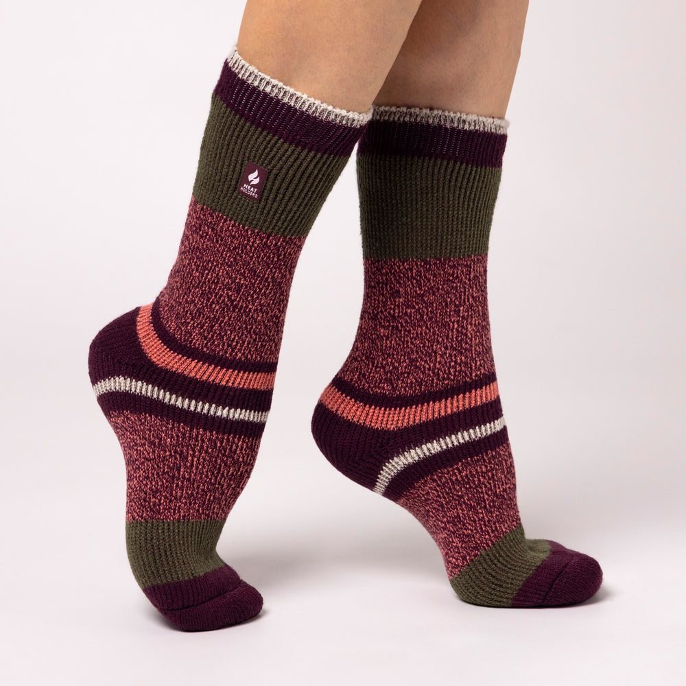 Ladies Original Nia Block Mix Stripe Socks - Cabernet, Coral & Khaki