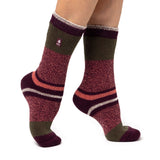 Ladies Original Nia Block Mix Stripe Socks - Cabernet, Coral & Khaki