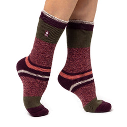 Ladies Original Nia Block Mix Stripe Socks - Cabernet, Coral & Khaki