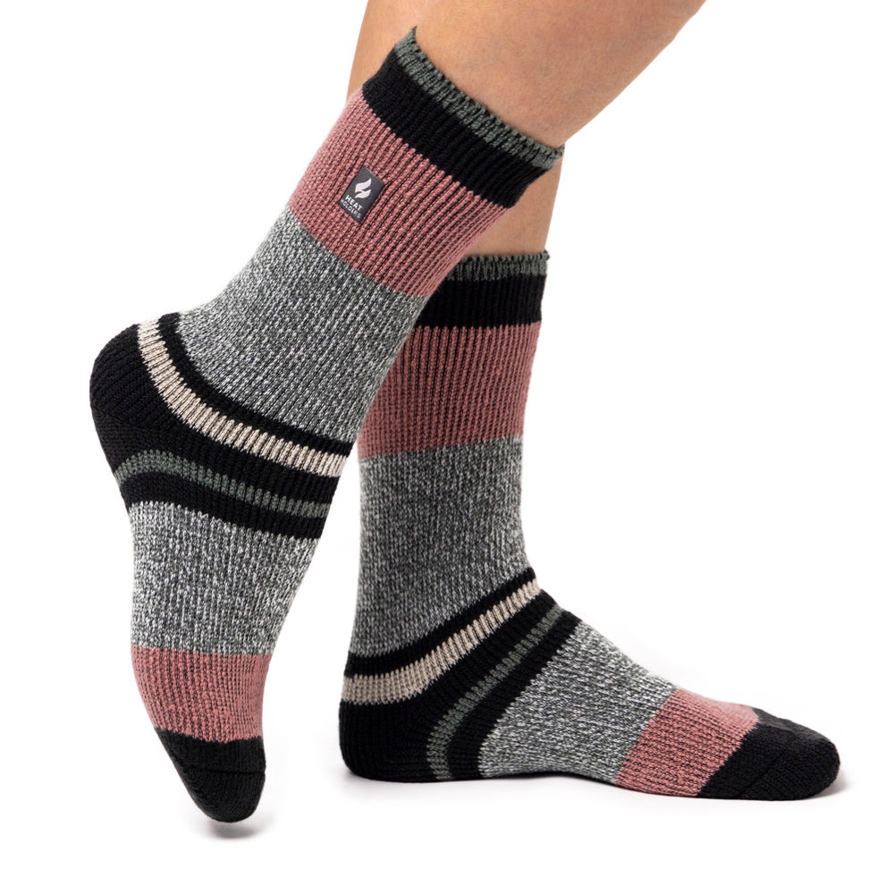 Ladies Original Nia Block Mix Stripe Socks - Charcoal, Sage & Muted Coral