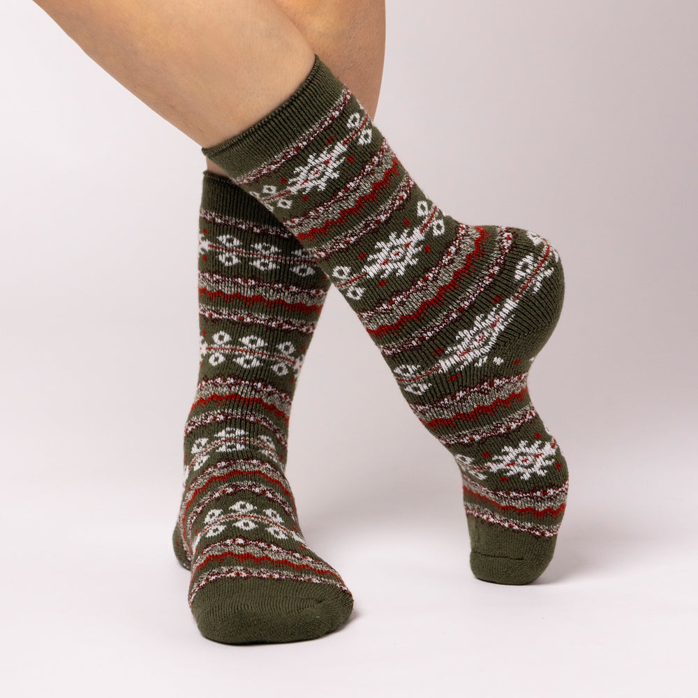 Ladies Lite Fairisle Nordic Socks - Olive & Cream