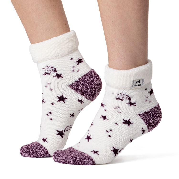 Ladies Lite Orion Sleep Socks with Turnover Top - Ivory & Cabernet Stars