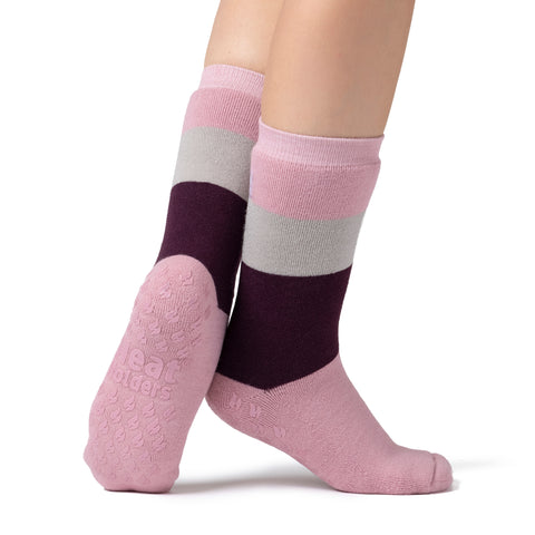 Ladies IOMI Dual Layer Raynaud's Slipper Socks - Block Stripe Rose Blush