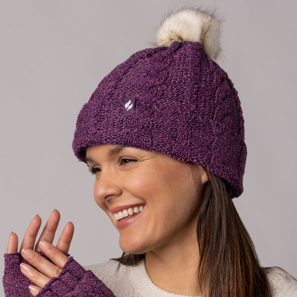 Ladies Original Pom Pom Hat Purple Twist – Heat Holders