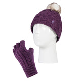 Special Offer Ladies Thermal Fingerless Gloves & Pom Pom Hat - Purple Twist