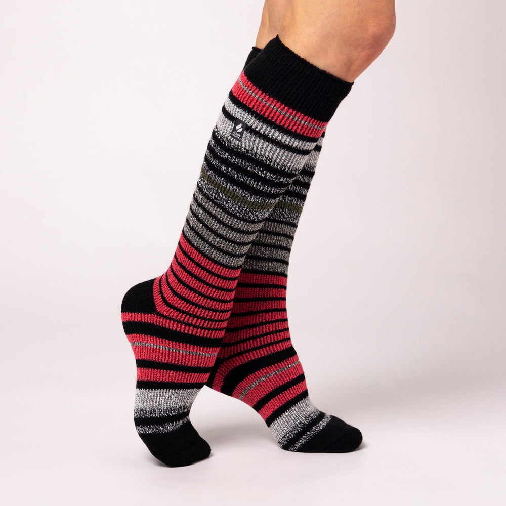 Ladies Original Long Ski & Snow Sports Fine Stripe Socks - Black & Coral Pink