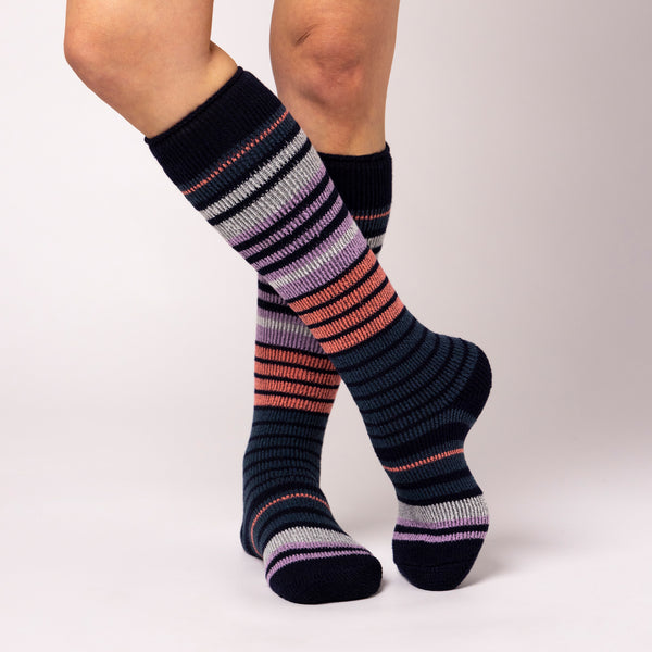 Ladies Original Long Ski & Snow Sports Fine Stripe Socks - Navy & Blue Sapphire