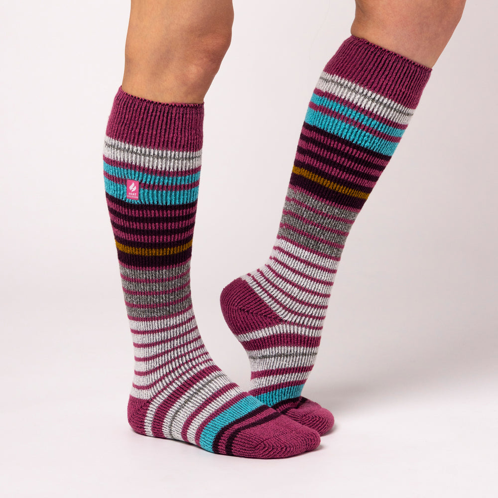 Ladies Original Long Ski & Snow Sports Fine Stripe Socks - Raspberry & Cabernet