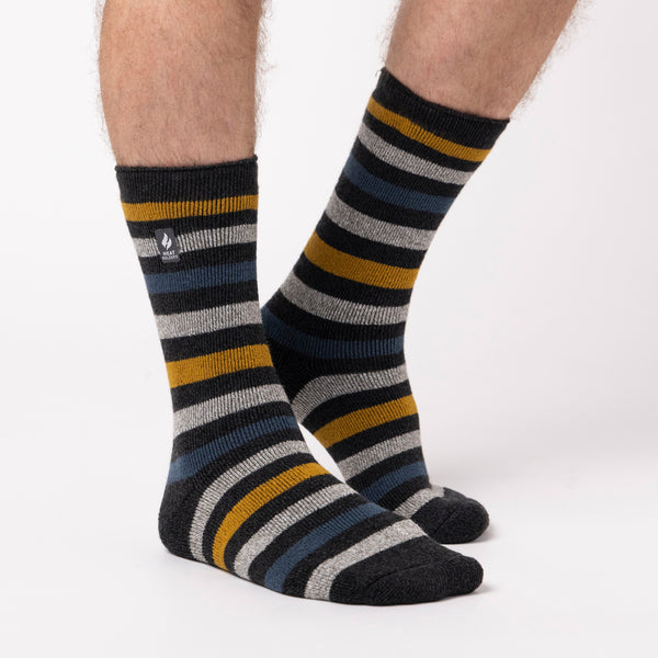 Mens Lite Split Medium Stripe Socks - Charcoal Mustard