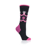 Ladies Ultra Lite Long Ski & Snow Sports Socks - Black & Pink Fairisle