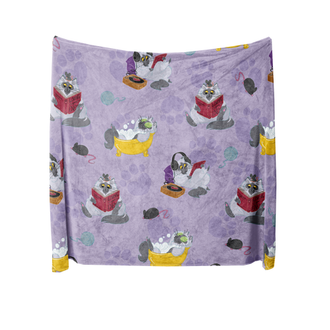 Oversized Fleece Thermal Blanket 180cm x 200cm - Lilac Cat Design