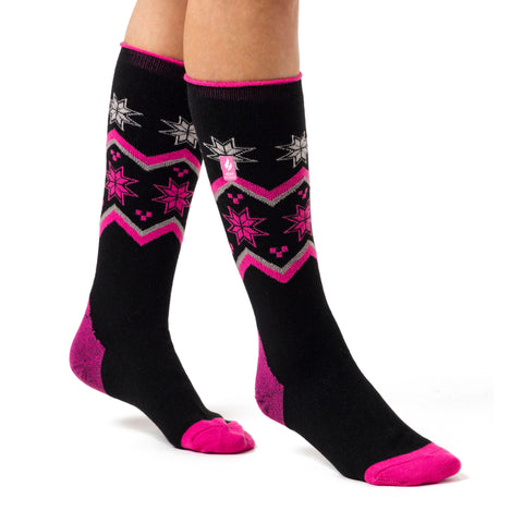 Ladies Ultra Lite Long Ski & Snow Sports Socks - Black & Pink Fairisle