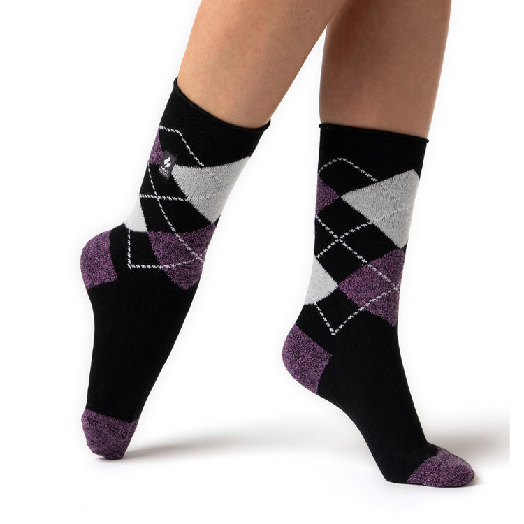 Ladies Ultra Lite Valletta Argyle Socks - Black & Purple