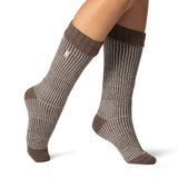 Ladies Original Begonia Long Boot Socks With Turnover Top - Brown & Cream