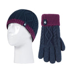 Kids Cable Knit Turn Over Hat & Gloves - Navy & Purple