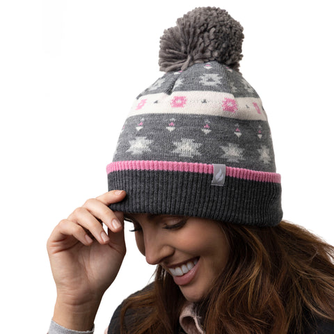 Ladies Rockies Bobble Hat - Grey & Pink