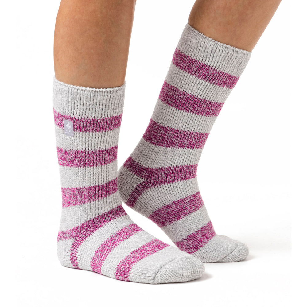 Ladies Original Tuscany Chunky Stripe Socks - Light Grey & Berry