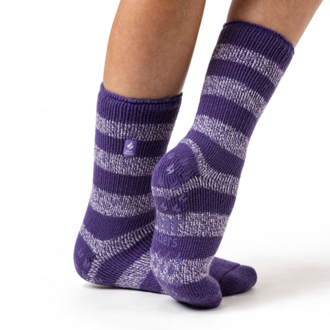 Ladies Original Seville Stripe Slipper Socks - Mulberry Purple & White