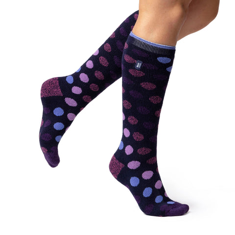 Ladies Lite Mahonia Long Socks - Navy Spots
