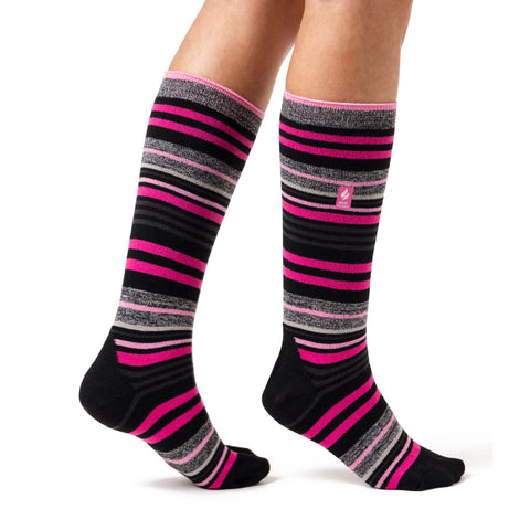 Ladies Ultra Lite Long Ski & Snow Sports Socks - Black & Pink Stripe